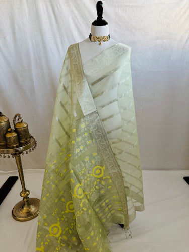 ShopNaya Exclusive | Handwoven | Silk Organza | Pastel Green | Silver Zari | Ships from California